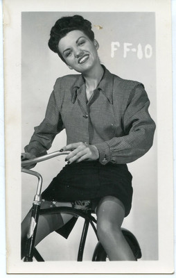 1950s Original Leg Art Photo Brunette on Bicycle UPSKIRT 