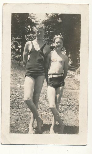 Vintage photo, 2 young teen boys, old tyme swim suits -- Antiqu image