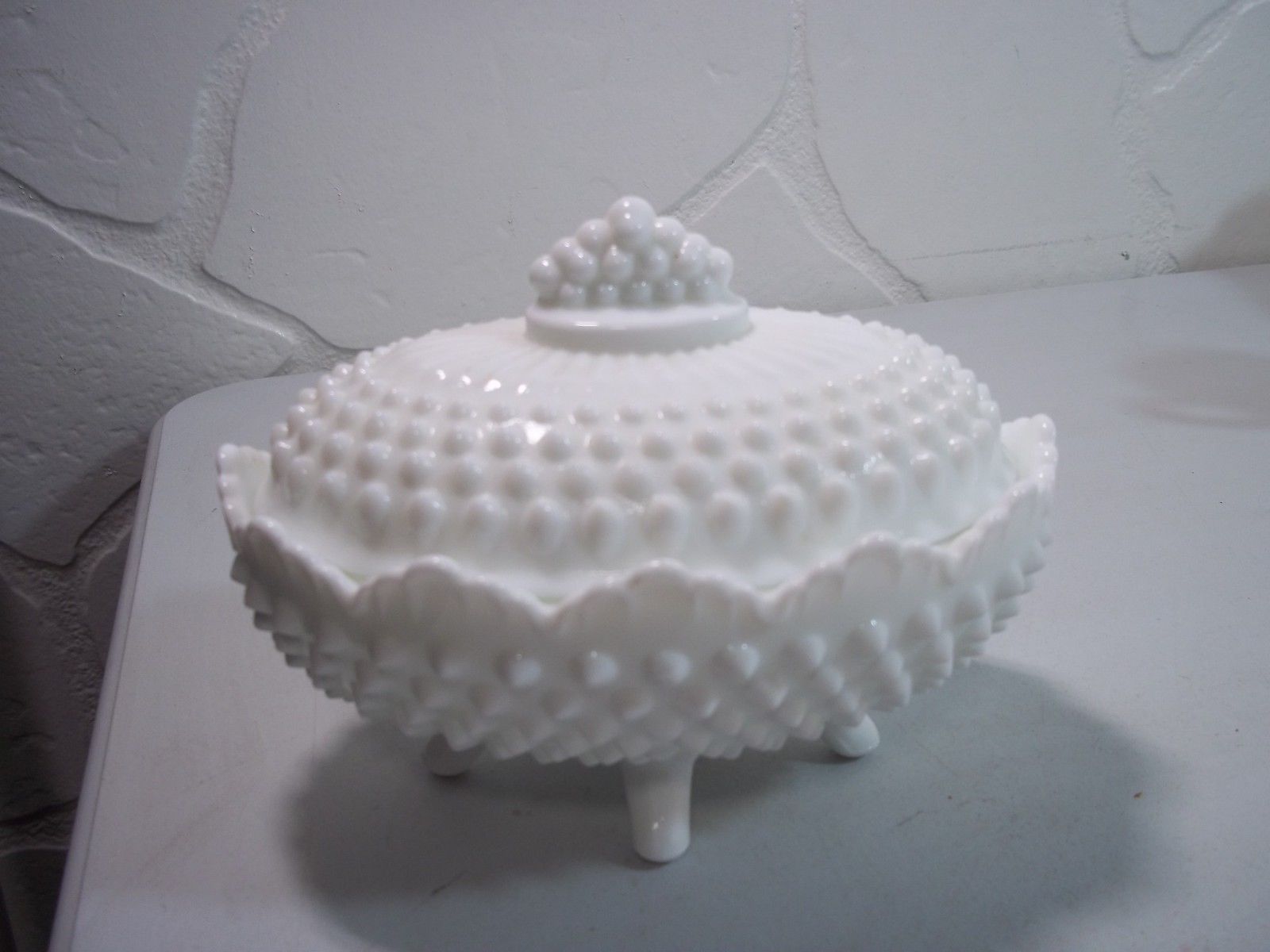 Vintage Fenton White Milk Glass Hobnail Footed Covered Candy Dish