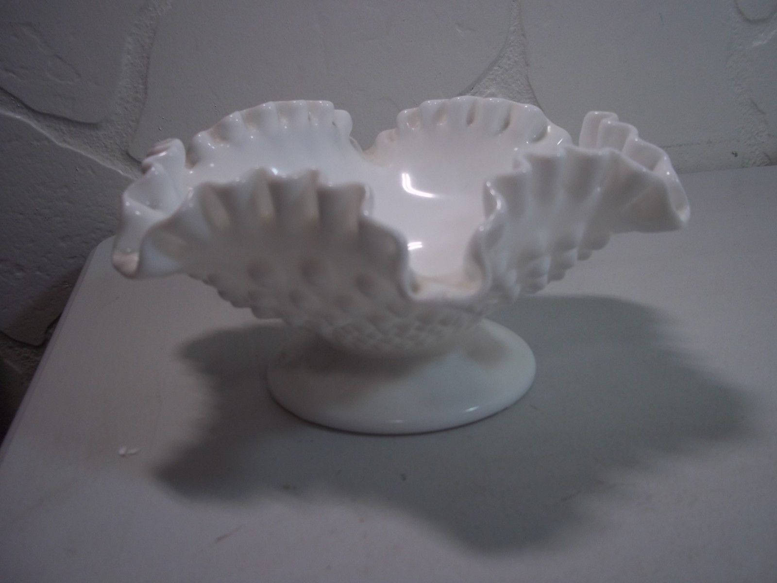 Vintage Fenton White Milk Glass Hobnail Ruffled Candy Dish Antique