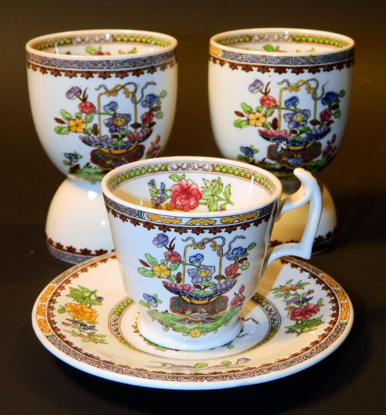 Copeland Late Spode OLD BOW Egg Cups and Demitasse Cup and Saucer, ca