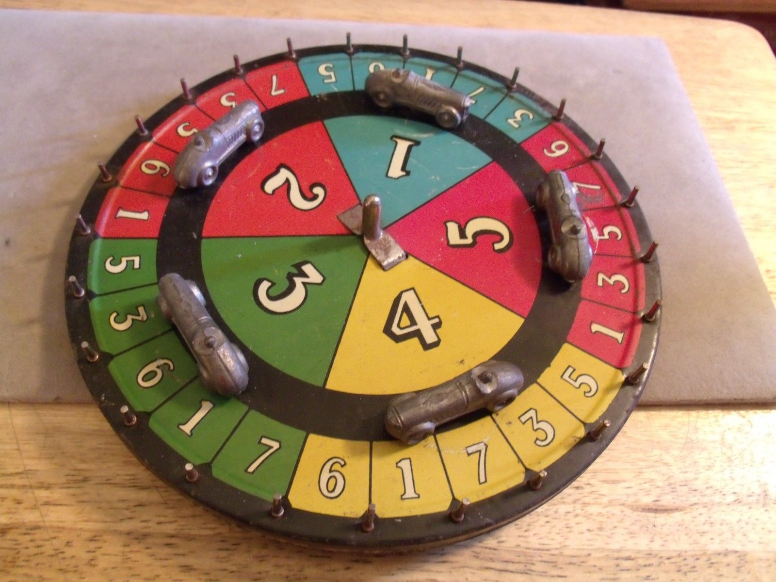 Vintage Metal Game Spinner Steel w/5 Antique Cars Game Part? Rare