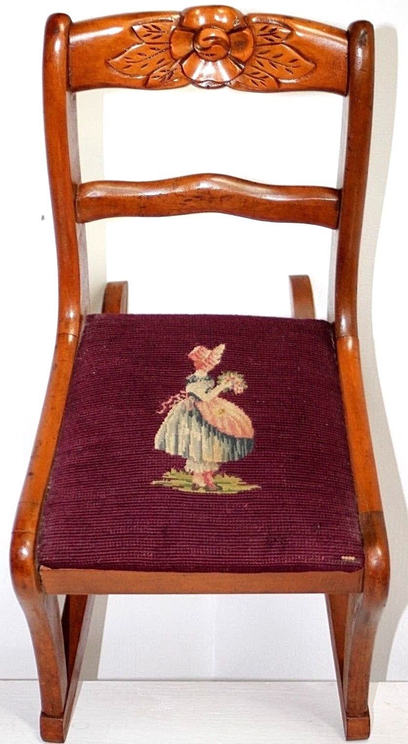 ANTIQUE VICTORIAN 1880''S CARVED WOOD & NEEDLEPOINT CHILD''S ROCKING
