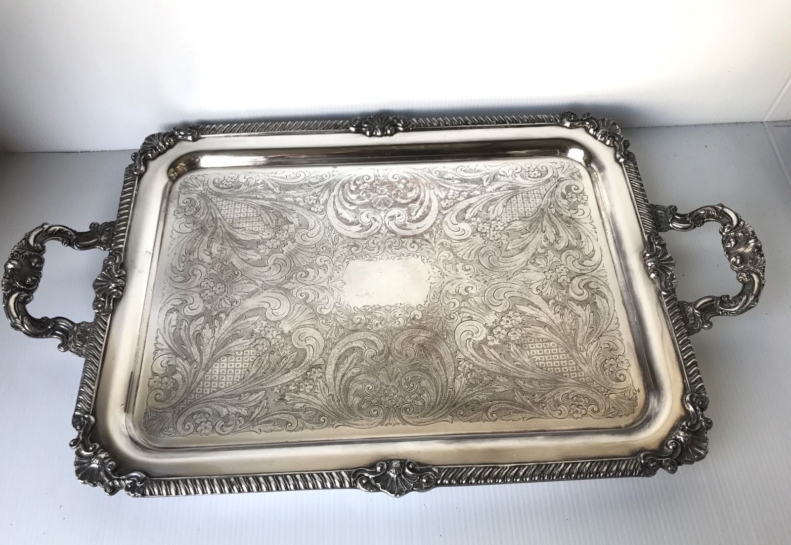 Vintage Shell Ornate SHERIDAN Silver Plate Footed Serving Tray w