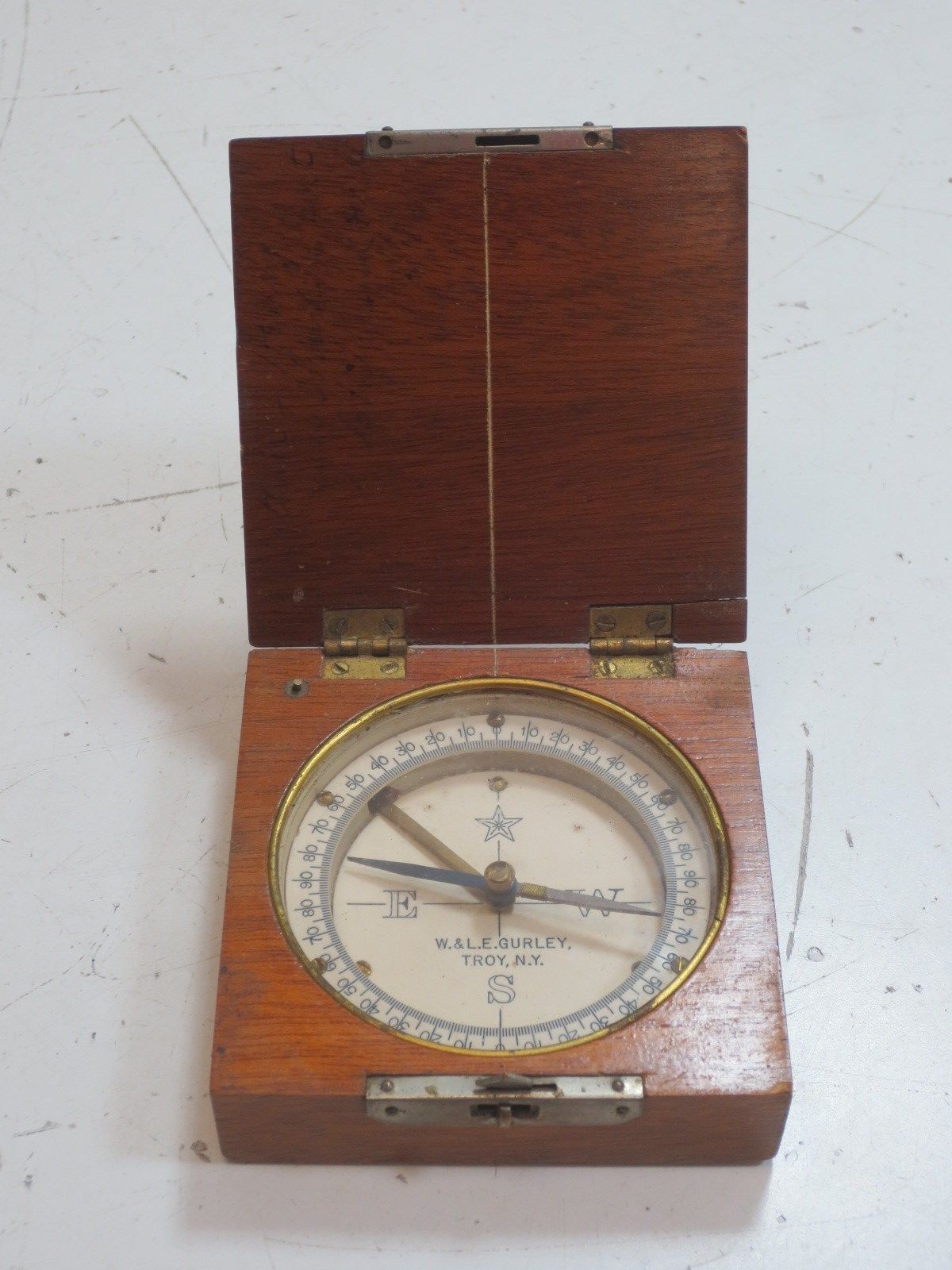 Antique W. & L.E. Gurley Wooden Surveyor Engineer Pocket Compass Troy