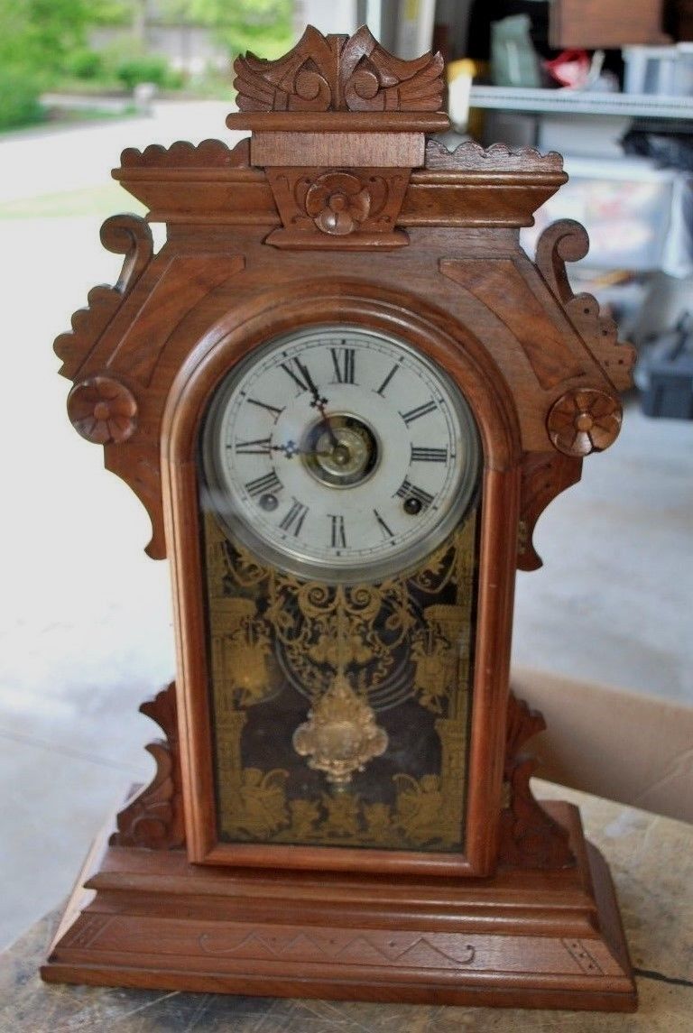 Antique E.N. Welch Walnut Kitchen Clock T&S with alarm Antique