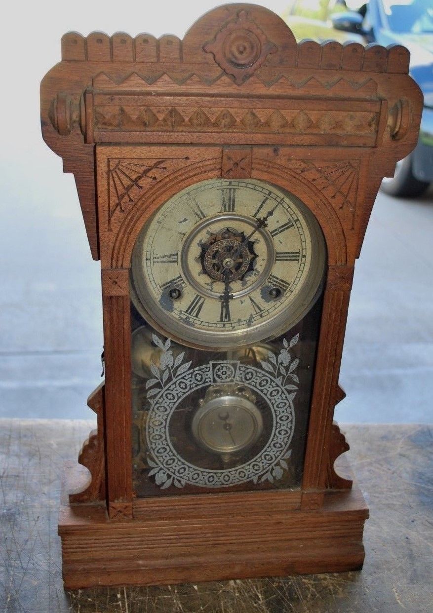Antique Walnut Waterbury Kitchen Clock w Gold Etched Glass and Alarm