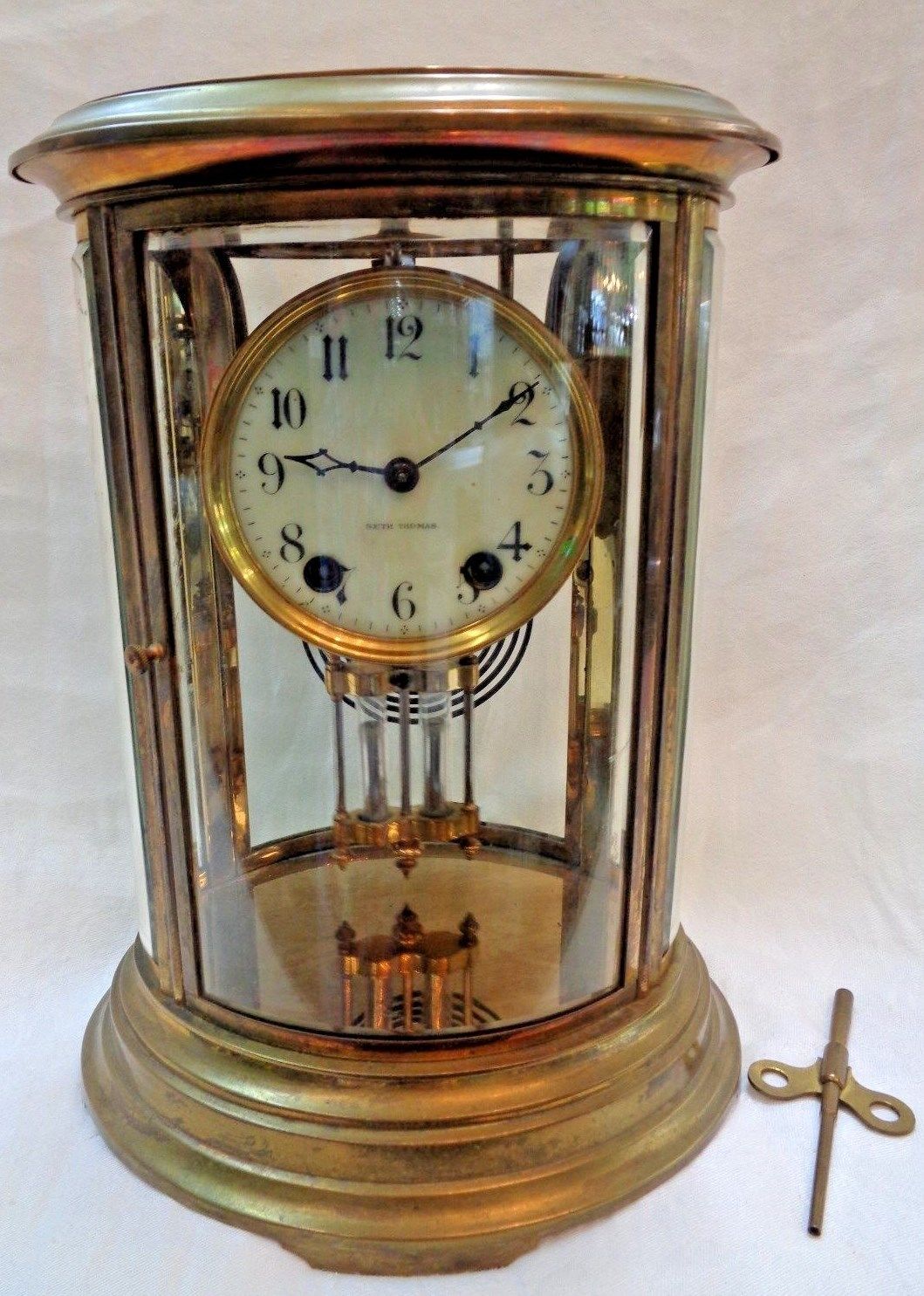 ANTIQUE SETH THOMAS OVAL BRASS & CRYSTAL REGULATOR MANTLE PENDULUM