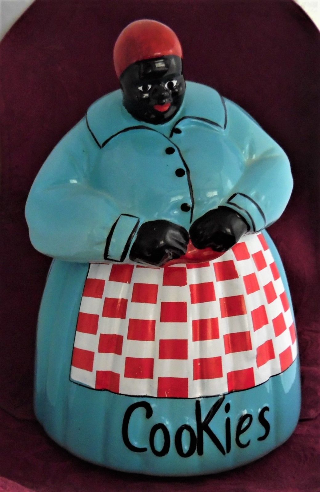McCoy Aunt Jemima Mammy Cookie Jar, Blue w/ Red Check Apron -- Antique Mccoy Aunt Jemima Cookie Jar Value