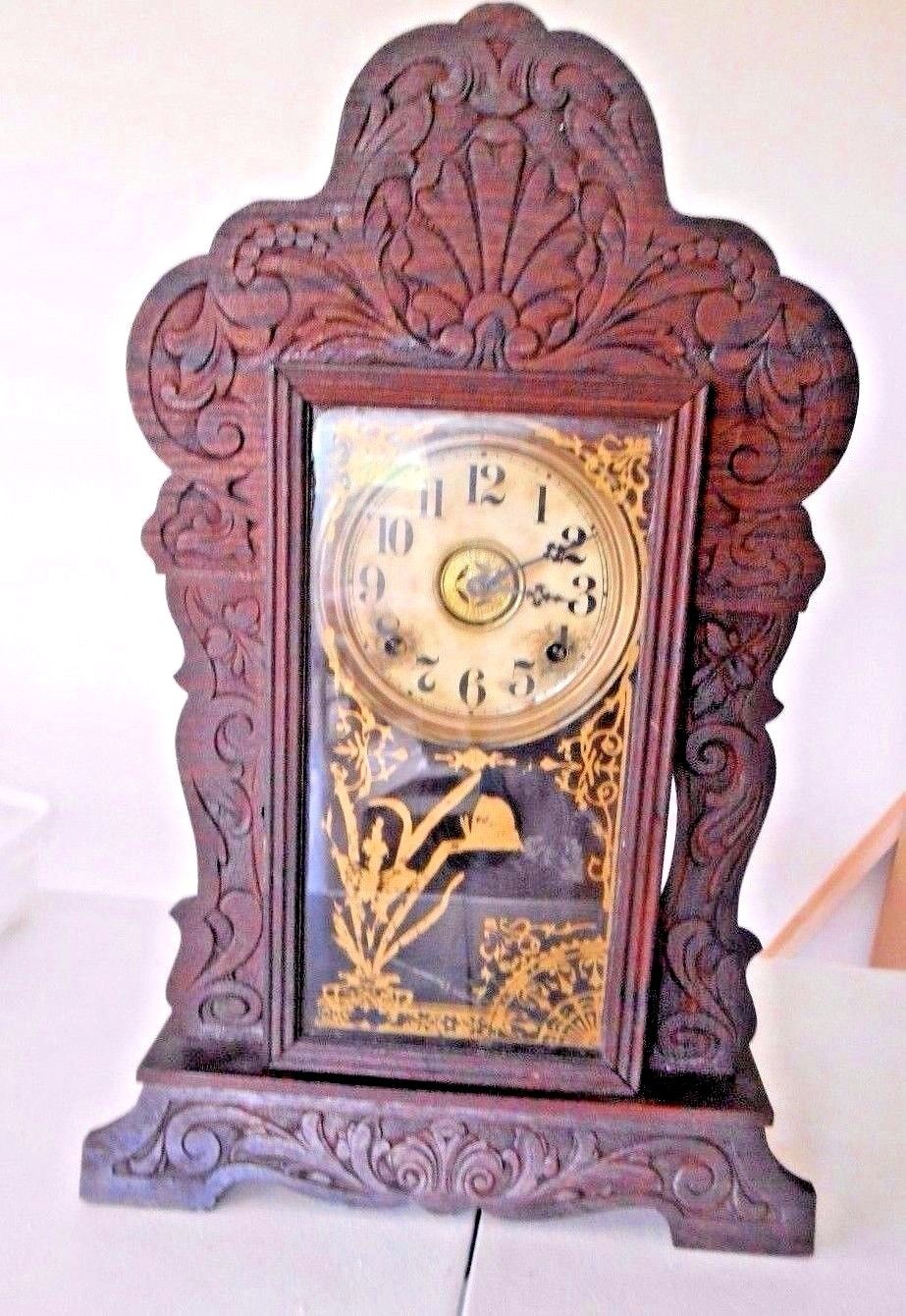 ANTIQUE OAK GINGERBREAD KITCHEN SHELF MANTEL CLOCK Key Wind Chime
