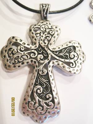 Cowgirl BLING antique silver scroll CROSS Necklace Set 