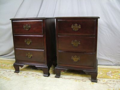 Gossip Bench Telephone Table on Pair Chippendale Solid Mahogany 3 Drawer Nightstands Completed