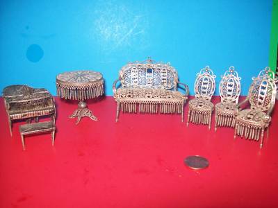 Brass Replacement Porcelain Finials on Antique Vintage Silver Filigree Miniature Furniture Completed