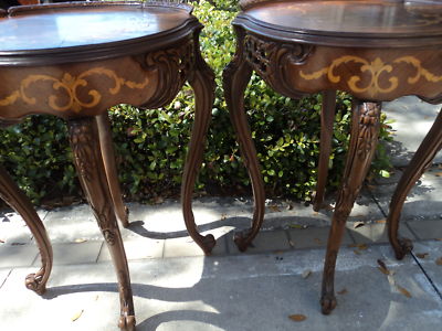 Antique French Tables on Antique French Carved Inlaid Walnut Side   End Tables Completed