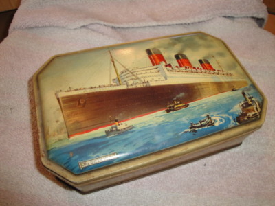 Model Dress Form on Vintage Bensons Candies Tin  W Queen Mary Ship Graphic Completed