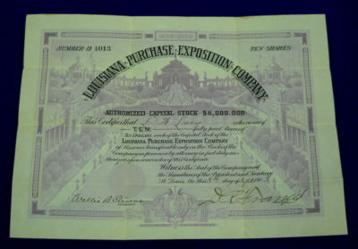 Louisiana Purchase Exposition Co. Stock Certificate 1904 World&#39;s Fair RARE NR