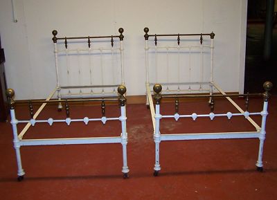 Antique Iron Beds Ebay on Pair Of Antique Twin Beds  Cast Iron W  Brass   Casters Completed