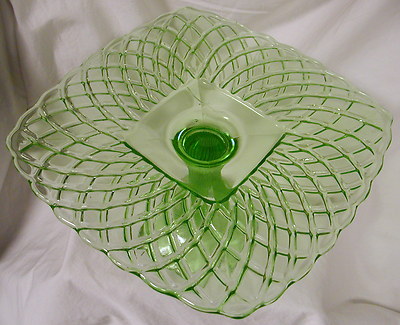 ... Green Glass Square Trellis Pattern Footed Cake Plate Completed