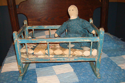 Robin  Blue Shoes on Vintage Painted Doll Bed Cradle Original Robins Egg Blue Completed