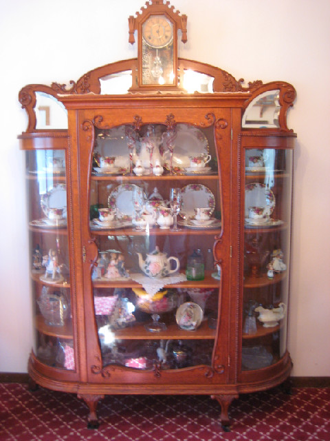Ornate Oak Curved Glass China Cabinet