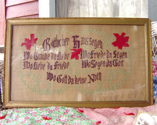 ANTIQUE PAPER SAMPLER/MOTTO GERMAN HOUSE BLESSING in GILT FRAME