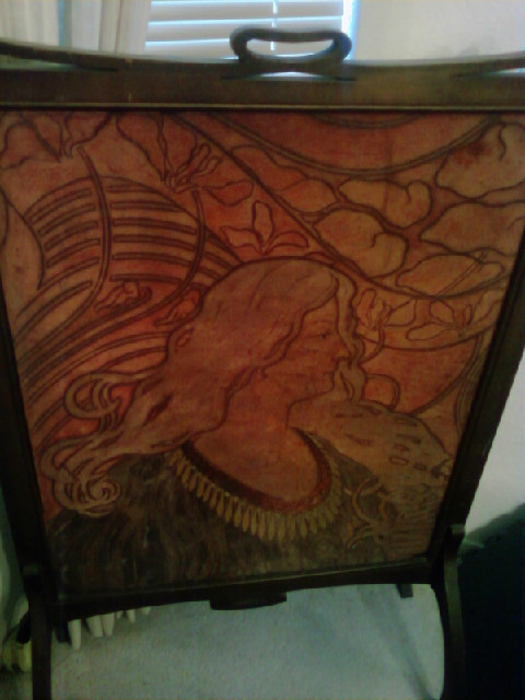 ANTIQUE ARTISTIC FIREPLACE SCREEN (CARVED LEATHER)