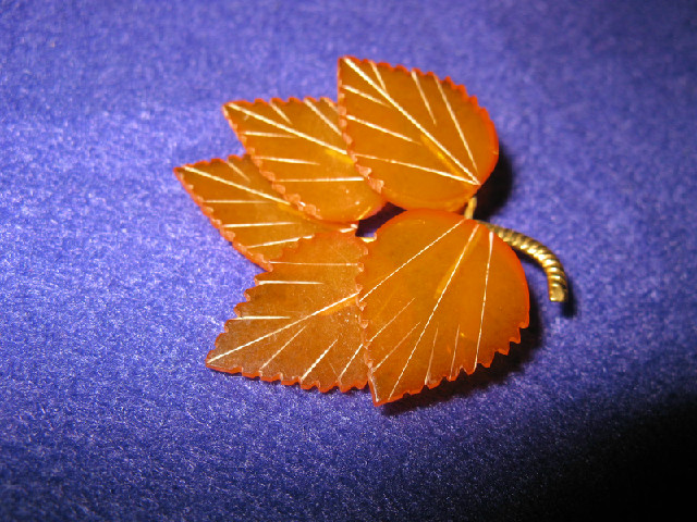 Beautiful Carved Baltic Amber Leaf Brooch
