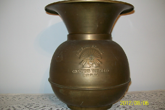 Vintage Brass Spittoon. Redskin Cut Plug Logo