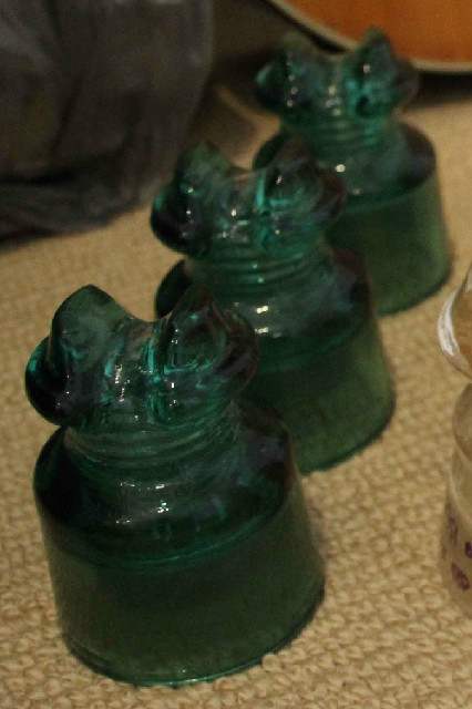 3 French CD 530 ISOREX DC1 green glass insulators