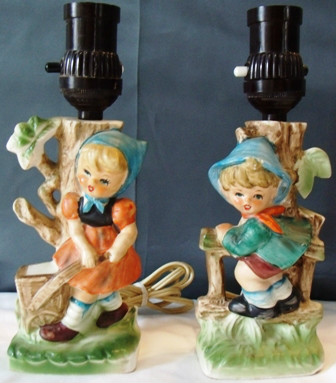 Beautiful Hummel-Like Boy and Girl Table LAMPS - Chase - Japan -