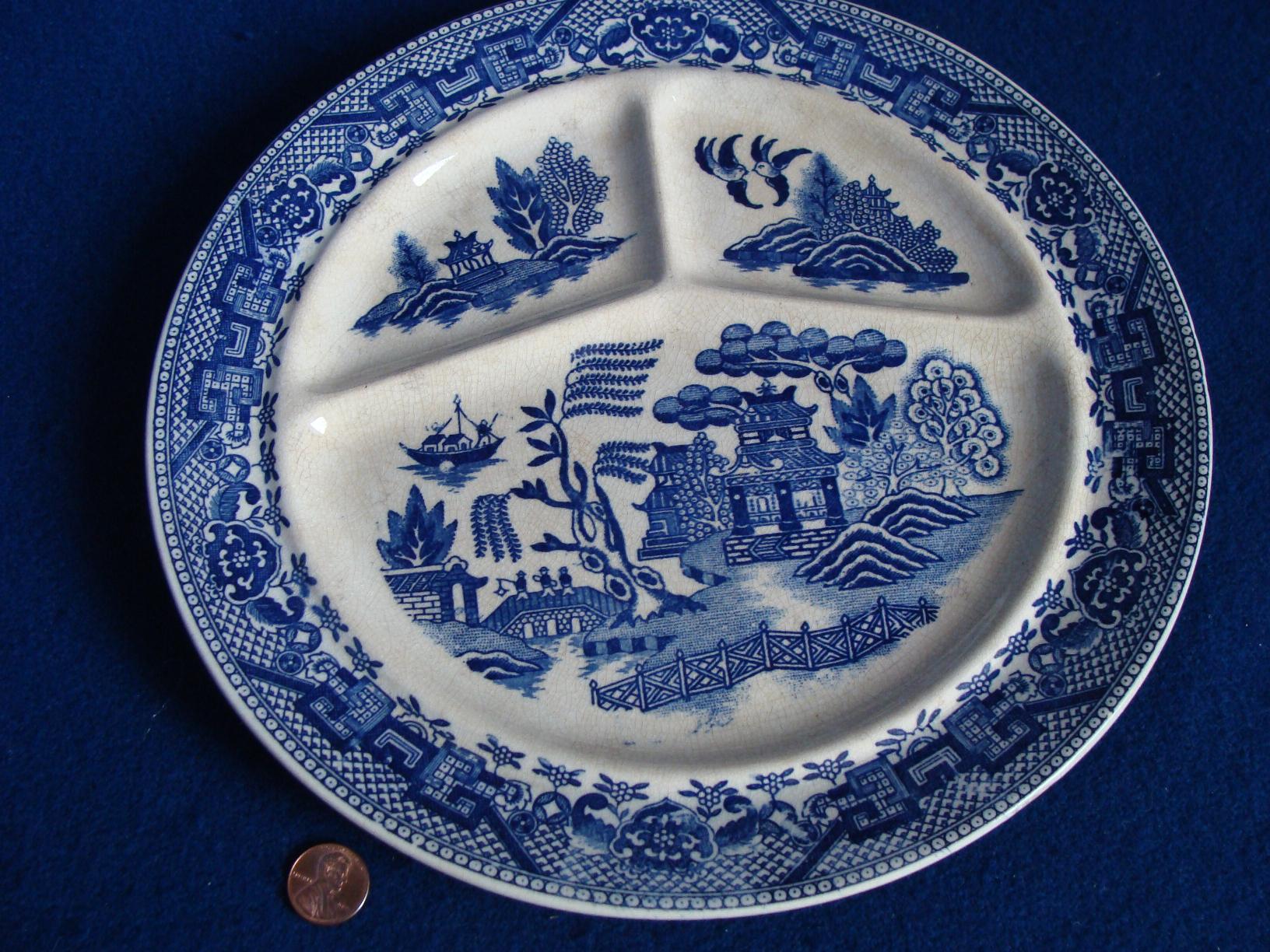 Occupied Japan BLUE WILLOW Divided Grill PLATE 2 Antique Price Occupied Japan BLUE WILLOW Divided Grill PLATE 2 Antique Price