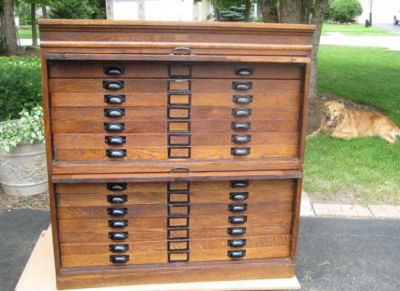 Antique 14 Drawer Oak Flat File Blueprint Map Cabinet Antique