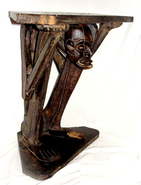 Weird ANTIQUE Ethnic CARVED Corner TABLE, Squatting Man -- Antique