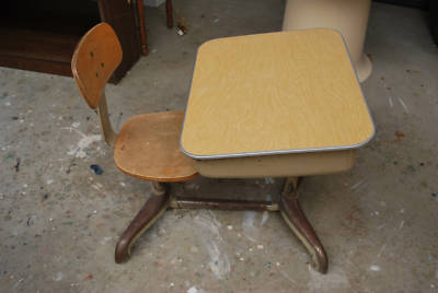 Vintage Flip Top School Desk Metal Wooden Seat Back Antique