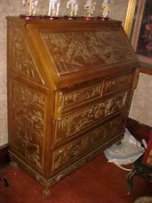 Unusual Vintage Drop Front Oriental Carved Desk Antique Price