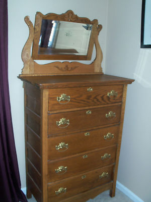 Antique Oak Highboy 5 Drawer Dresser W Carved Mirror Antique