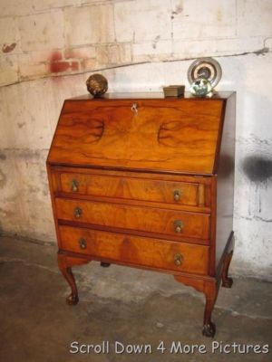 Antique Clawfoot Burled Wood Secretary Desk Nightstand Antique