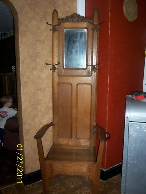 Antique Solid Oak Hall Tree Bench Seat W Mirror 1920 S Antique