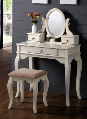 ANTIQUE WHITE WOOD VANITY SET MIRROR DRESSING TABLE -- Antique Price 
