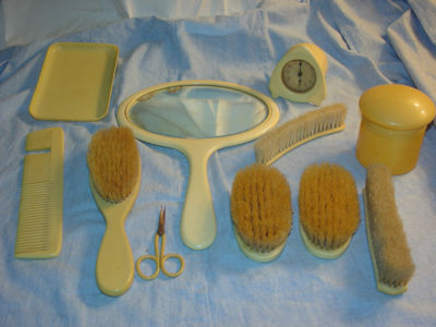 Antique Faux Ivory Celluloid Vanity Dresser Set 11 Pieces Brushes
