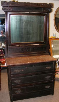 Victorian Eastlake Walnut Wood Rose Marble Top Dresser W Beveled