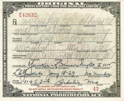 original 1929 prohibition medical whiskey drug store prescription