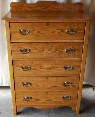 Antique Oak Five Drawer Highboy Dresser With Splashblock C Late