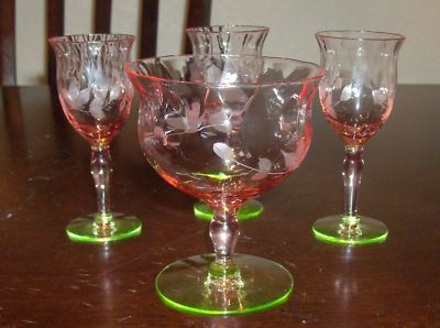 4 Watermelon Depression Glass Pink Diamond Optic Etched Green