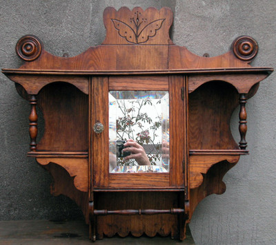 Antique Victorian Nouveau Oak Medicine Cabinet Curio Shelf Mirror