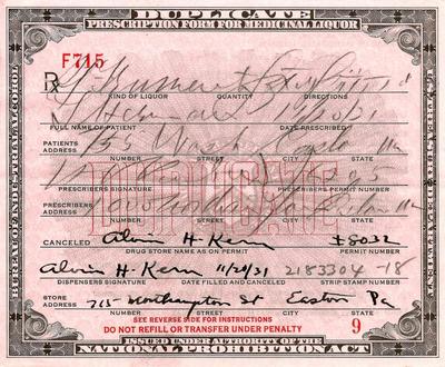 old 11 20 31 prohibition medical whiskey drug prescription pharmacy