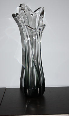 Vintage 1970 S Hand Blown Glass Vase Retro Black And Clear Heavy