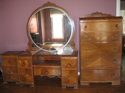 Antique Art Deco Waterfall Walnut Set Vanity Chest Nightstand