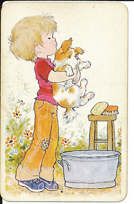 SARAH KAY Swap Card BLANK BACK Young Boy Bathing Dog 