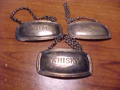 THREE VTG 1930 40 PLATO SILVER PLATE LIQUOR BOTTLE TAGS LABELS W ...